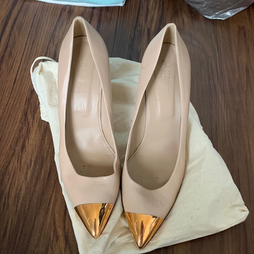Jcrew gold metallic toe tan pumps